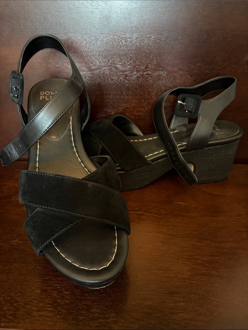 Donald J. Pliner Black Suede & Leather Like New Strap Mini Wedge Sandals -Sz 9.5